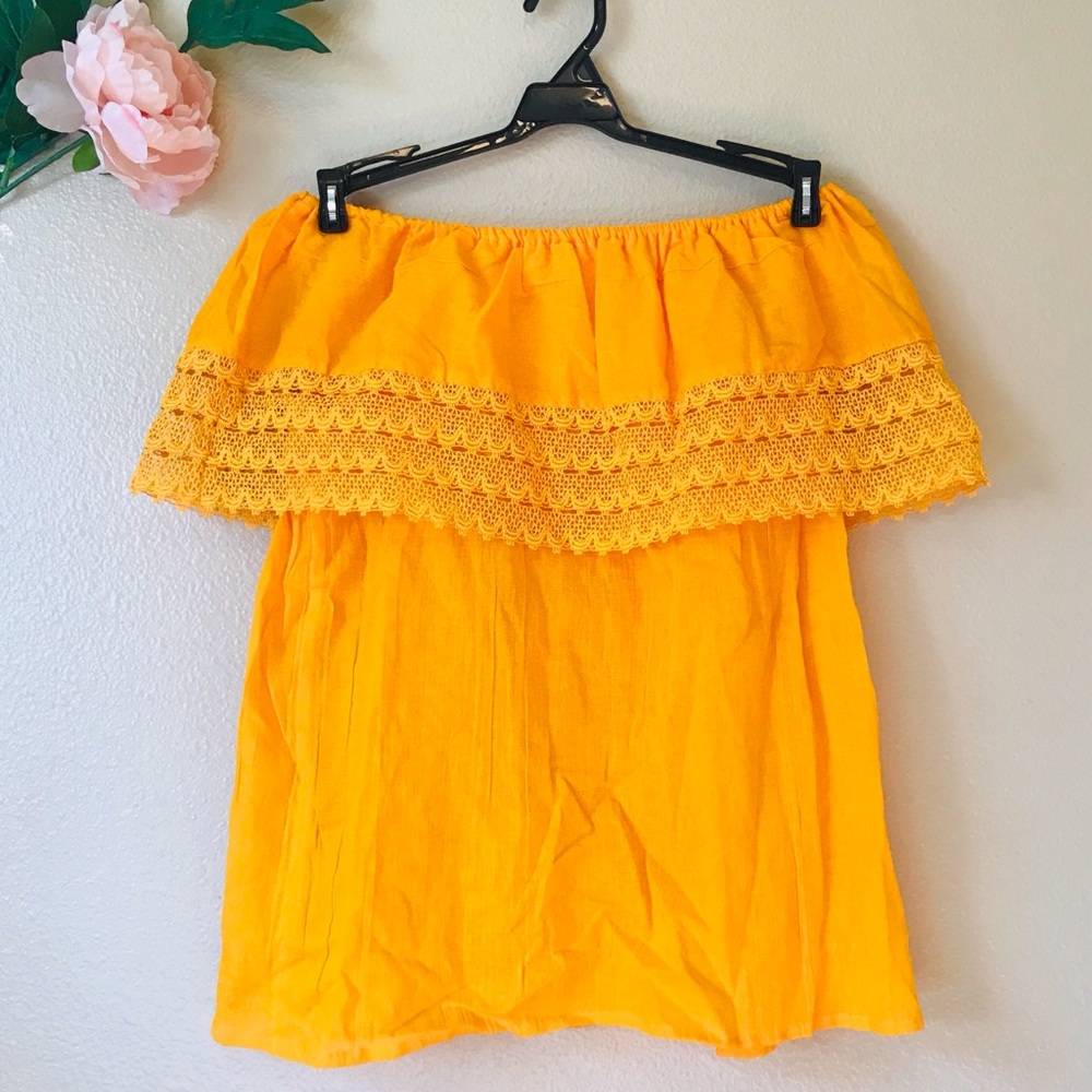 Off Shoulder Embroidery Overlay Peasant Top-S/M